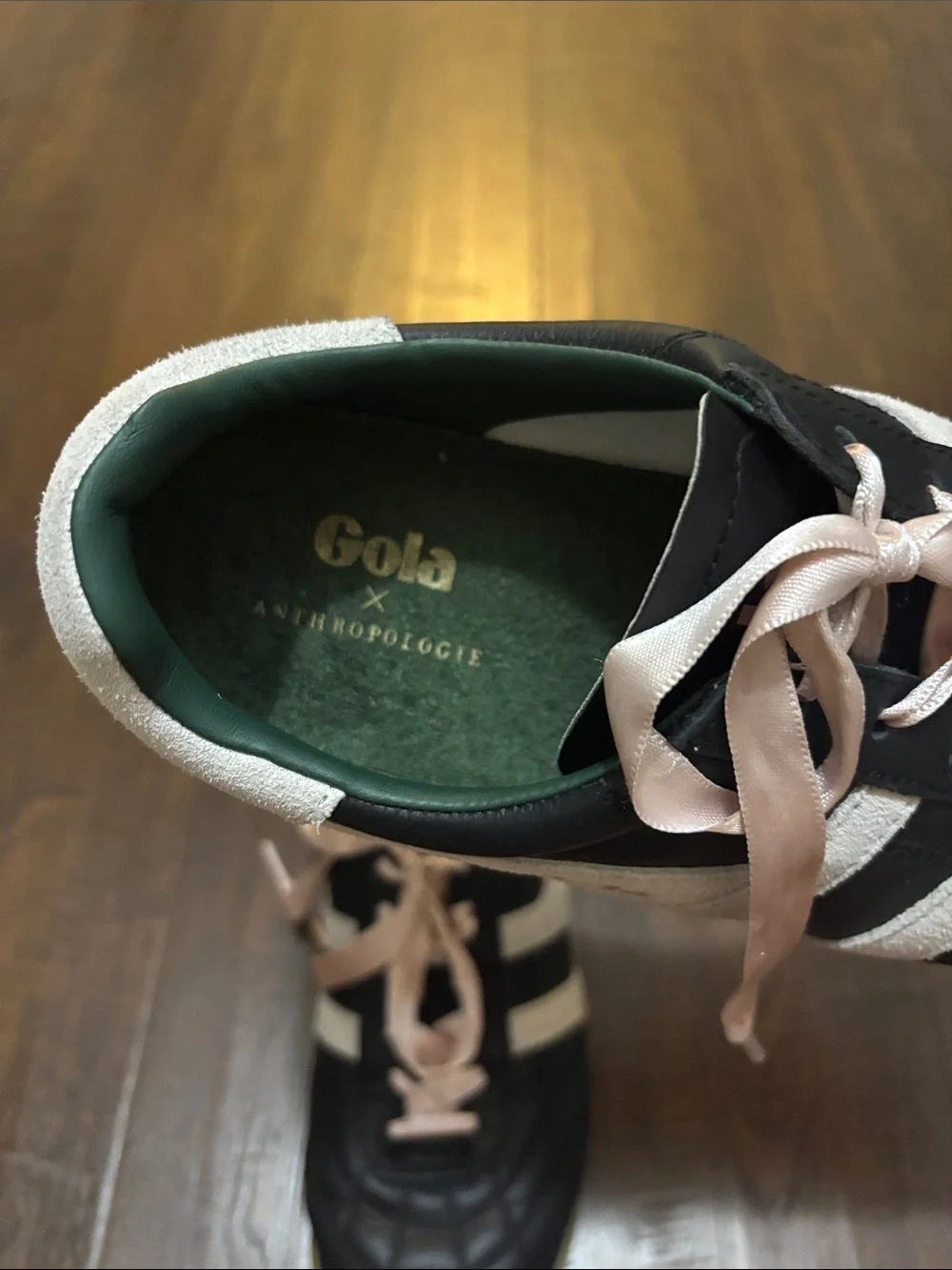 Gola x Anthropolgie Black Leather Sneakers with White Stripes &Pink Ribbon Laces